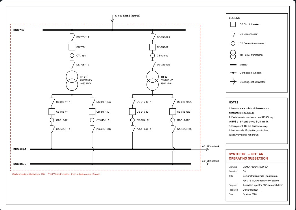 Synthetic single-line diagram of a 735/315 kV substation used for the evaluation